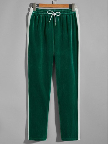 Men Side Panel Drawstring Velvet Sweatpants