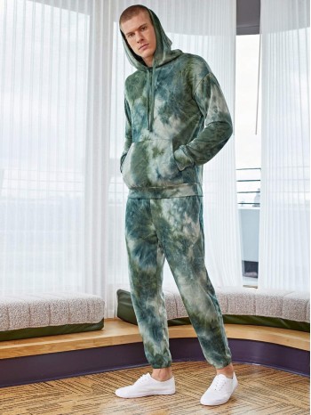 Men Tie Dye Kangaroo Pocket Drawstring Hoodie & Sweatpants Set