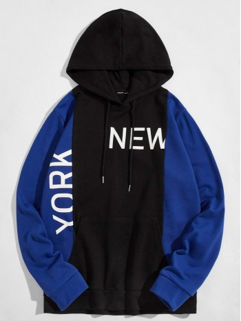 Men Color Block Letter Graphic Drawstring Hoodie