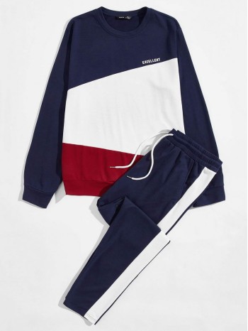 Men Letter Graphic Colorblock Pullover & Drawstring Waist Pants Set