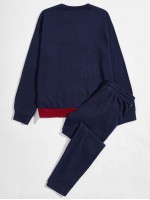 Men Letter Graphic Colorblock Pullover & Drawstring Waist Pants Set