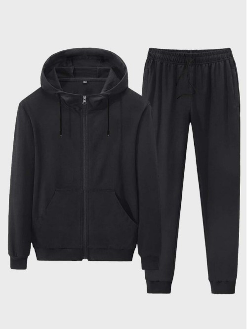 Men Solid Zip Up Drawstring Hoodie With Joggers