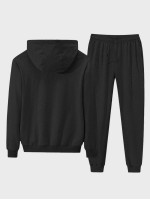 Men Solid Zip Up Drawstring Hoodie With Joggers