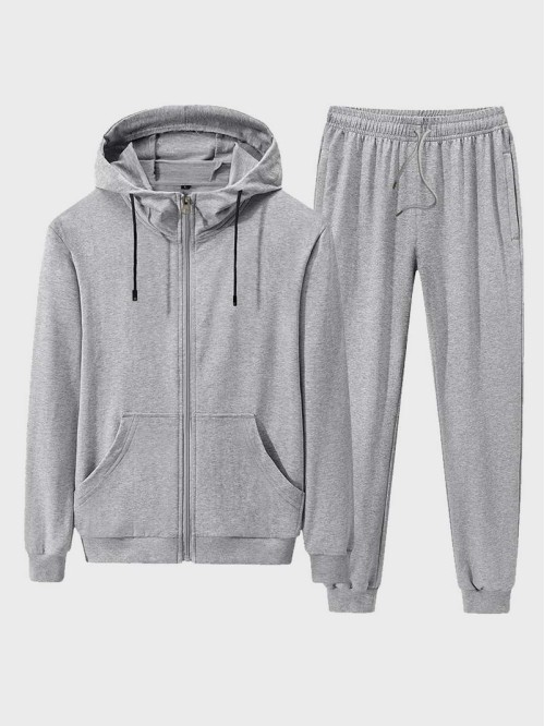 Men Solid Zip Up Drawstring Hoodie With Joggers