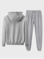 Men Solid Zip Up Drawstring Hoodie With Joggers