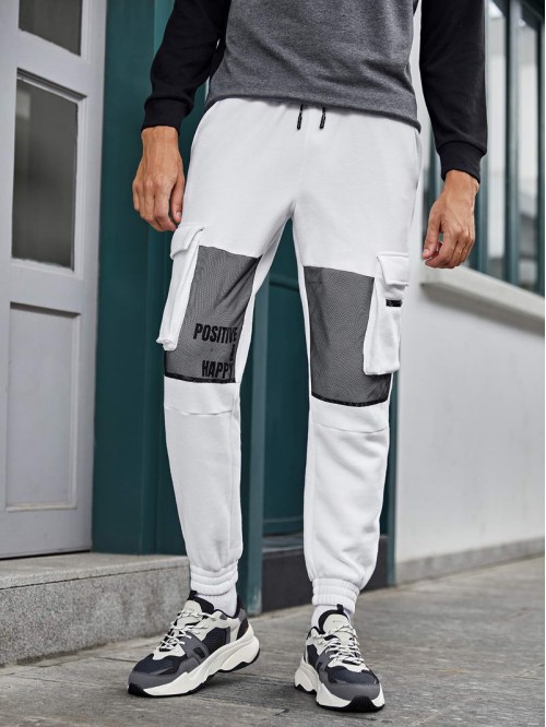 Men Mesh Panel Flap Pocket Side Joggers