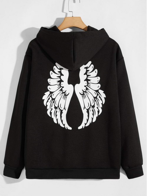 Men Wings Print Drawstring Hoodie