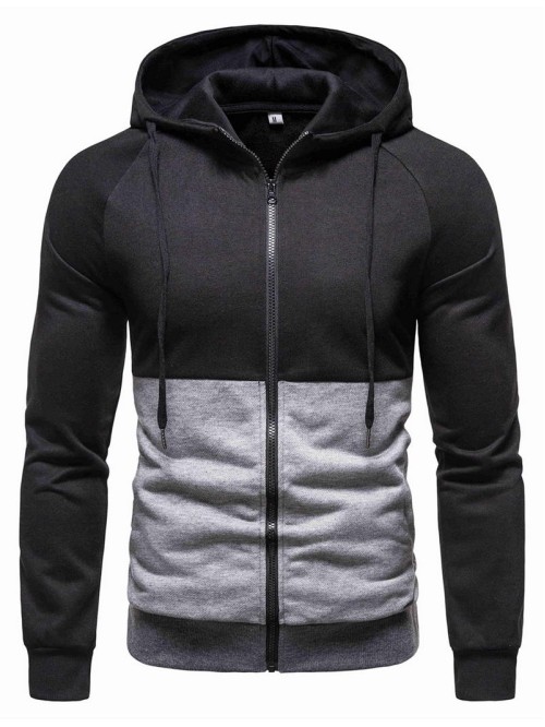 Men Two Tone Zip Up Drawstring Hoodie