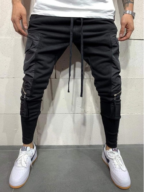 Men Zipper Drawstring Waist Cargo Pants