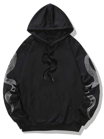 Men Snake Print Drawstring Hooded Sweatshirt