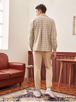 Men Patch Pocket Plaid Tweed Jacket & Solid Joggers Set