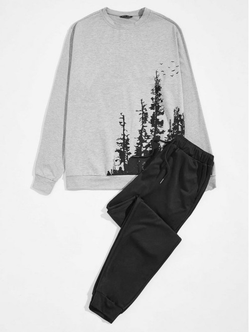 Men Plants Print Pullover & Drawstring Waist Sweatpants Set