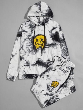 Men Tie Dye Cartoon Graphic Drawstring Hoodie & Sweatpants Set