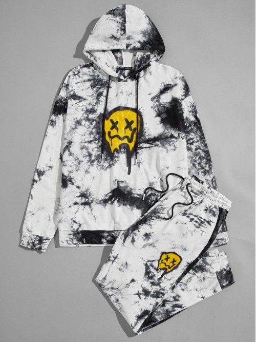 Men Tie Dye Cartoon Graphic Drawstring Hoodie & Sweatpants Set