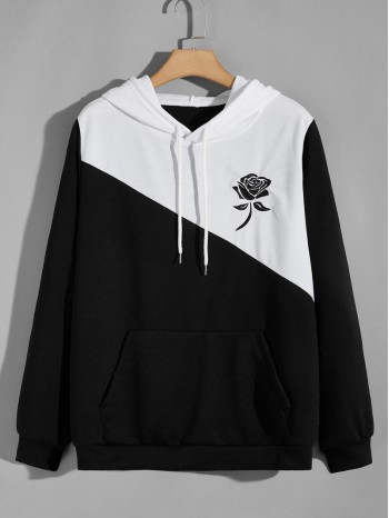 Men Two Tone Floral Embroidery Hoodie