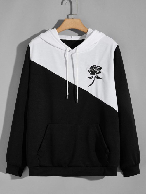 Men Two Tone Floral Embroidery Hoodie