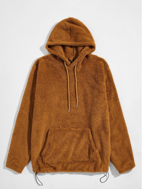 Men Drawstring Hooded Teddy Sweatshirt