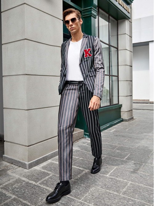 Men Patched Detail Striped Blazer & Pants Set