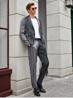 Men Patched Detail Striped Blazer & Pants Set