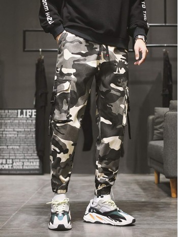 Men Camo Print Flap Pocket Buckle Tape Cargo Pants