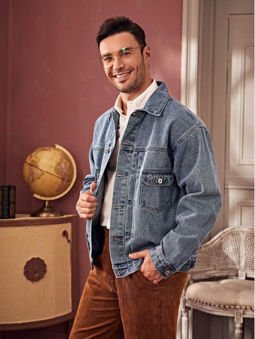 Men Button Through Denim Trucker Jacket