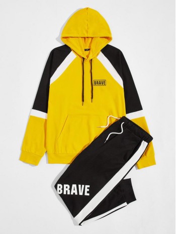 Men Letter Graphic Raglan Sleeve Colorblock Hoodie and Joggers Set