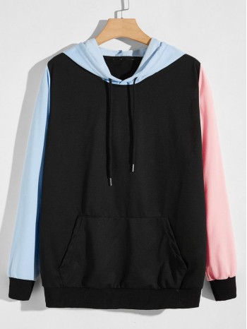 Men Color-block Kangaroo Pocket Drawstring Hoodie