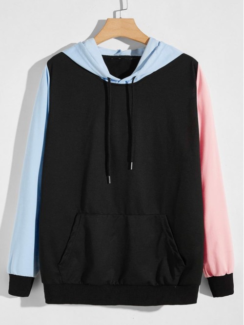 Men Color-block Kangaroo Pocket Drawstring Hoodie