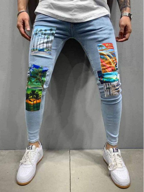 Men Tropical Print Patched Skinny Jeans