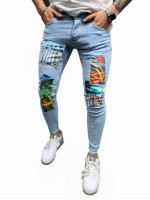 Men Tropical Print Patched Skinny Jeans