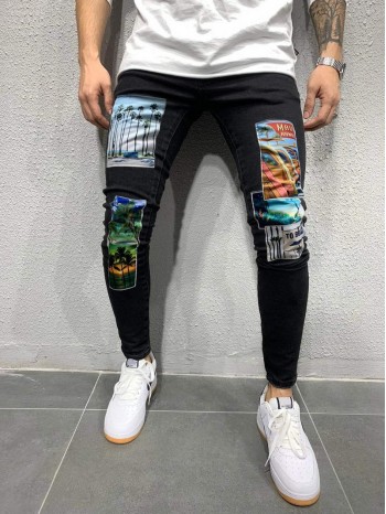 Men Tropical Print Patched Skinny Jeans