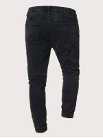 Men Tropical Print Patched Skinny Jeans