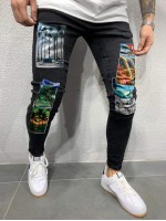 Men Tropical Print Patched Skinny Jeans