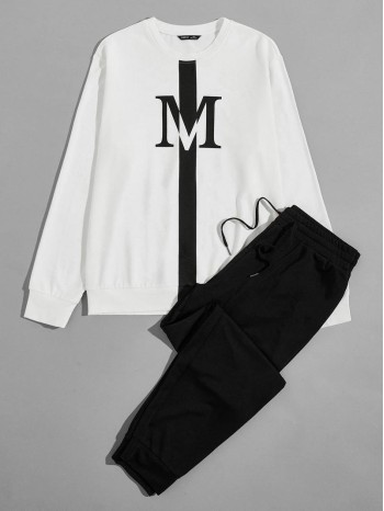 Men Letter Graphic Sweatshirt & Drawstring Waist Pants Set