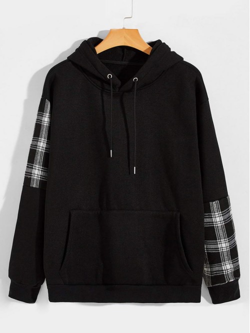 Men Contrast Plaid Kangaroo Pocket Drawstring Hoodie