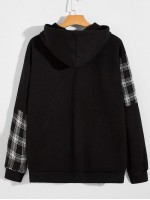 Men Contrast Plaid Kangaroo Pocket Drawstring Hoodie