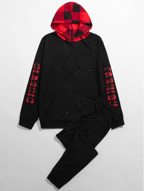 Men Letter Graphic Plaid Hoodie & Sweatpants Set