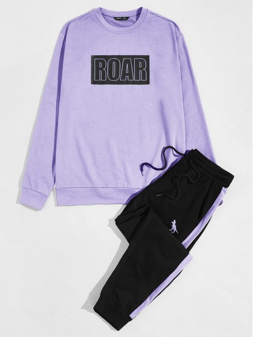 Men Letter Graphic Pullover & Dinosaur Print Sweatpants Set