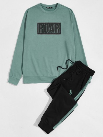 Men Letter Graphic Pullover & Dinosaur Print Sweatpants Set