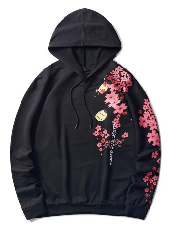 Men Chinese Character And Floral Print Hoodie