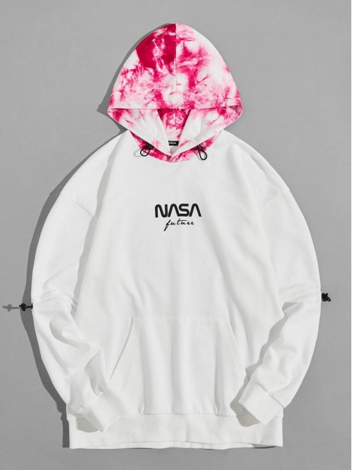 Men Drawstring Detail Letter Graphic Contrast Tie Dye Hoodie