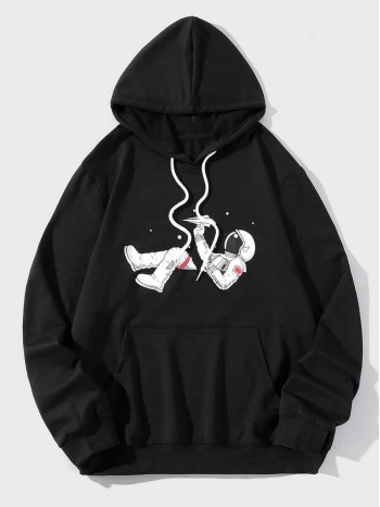 Men Astronaut Print Kangaroo Pocket Hoodie