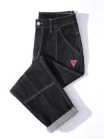 Men Patched Topstitching Straight Leg Jeans