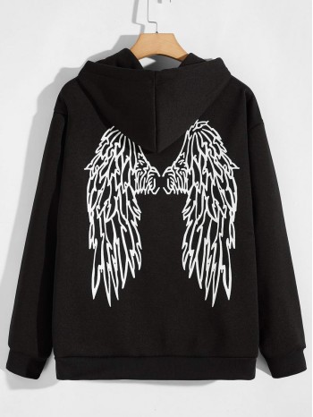 Men Wings Print Drawstring Hoodie