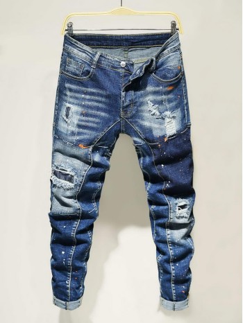 Men Ripped Zipper Fly Tapered Jeans