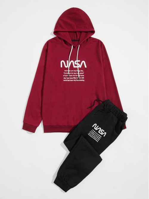 Men Slogan Graphic Hoodie & Drawstring Waist Sweatpants