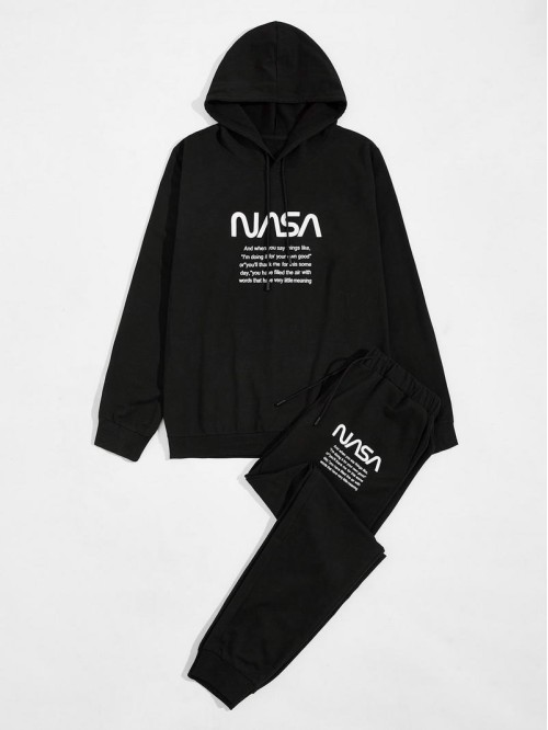 Men Slogan Graphic Hoodie & Drawstring Waist Sweatpants