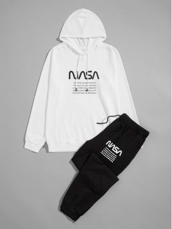 Men Slogan Graphic Hoodie & Drawstring Waist Sweatpants