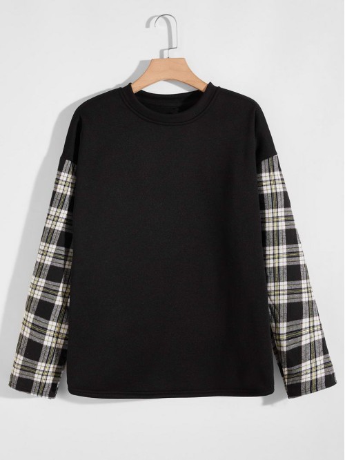 Men Drop Shoulder Contrast Plaid Sweatshirt