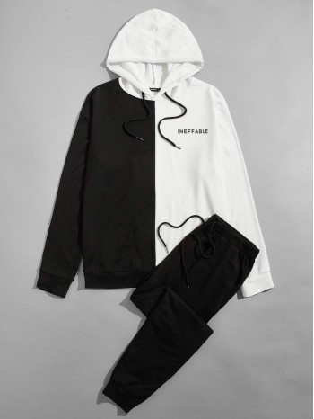 Men Spliced Two Tone Letter Graphic Hoodie & Sweatpants Set